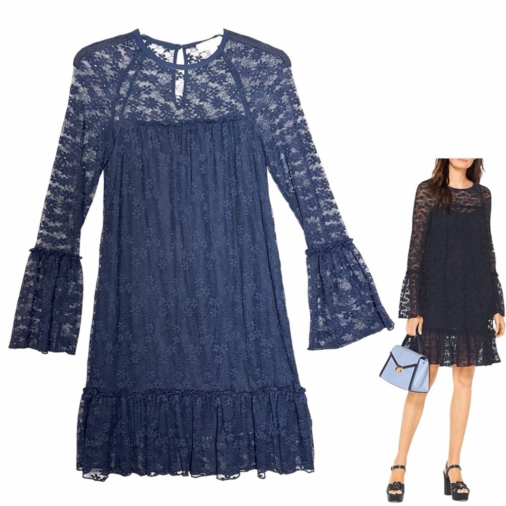 MICHAEL Michael Kors Size XXS Long Sleeve Blue Lace Ruffle Dress Wedding Guest